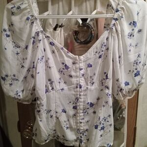 Sienna Sky White Puff-Sleeve Blouse with Blue Floral Print